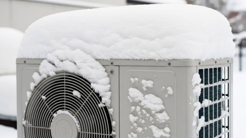 An outdoor air conditioning unit in Alcoa, TN, is covered in a thick layer of snow during winter. Heat pump vs gas furnace Heat pump repair