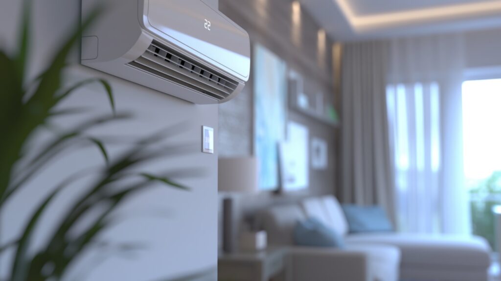 A wall-mounted air conditioner is running in a modern Alcoa, TN living room with soft lighting, neutral furnishings, and a plant in the foreground.