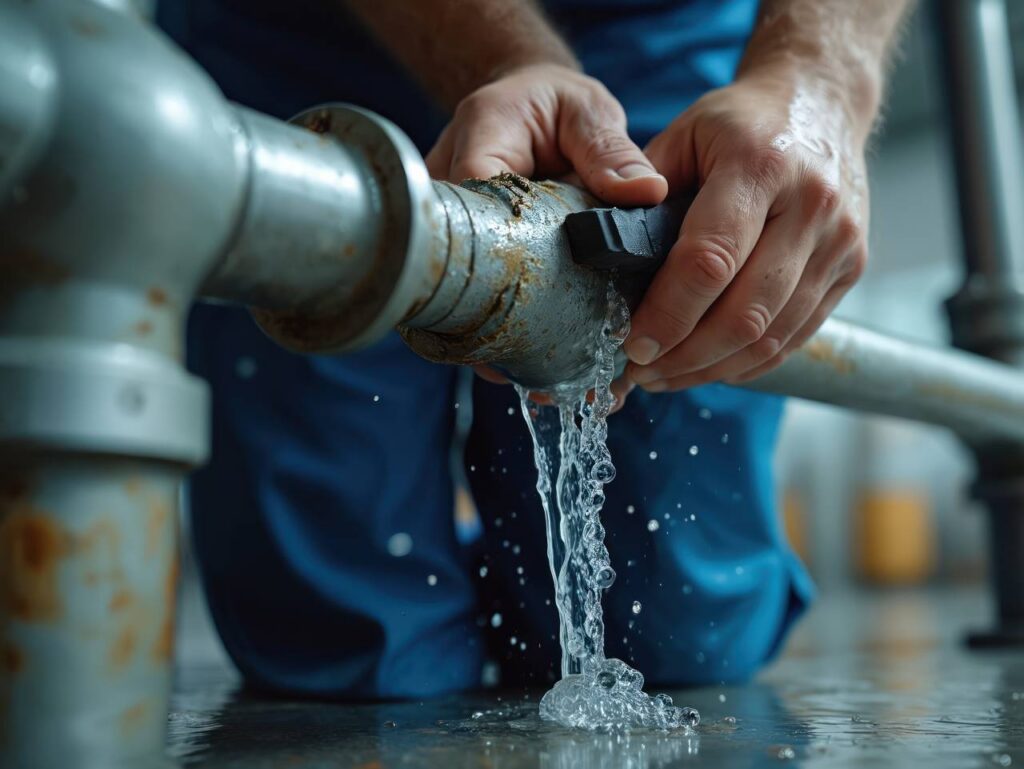 A person in Alcoa, TN, attempts to fix a leaking metal pipe, with water flowing out and pooling on the floor.