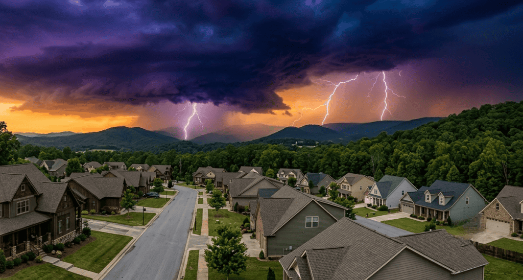 Suburban neighborhood with houses under a dramatic sky; dark storm clouds and lightning strikes are visible in the distance over tree-covered hills at sunset.