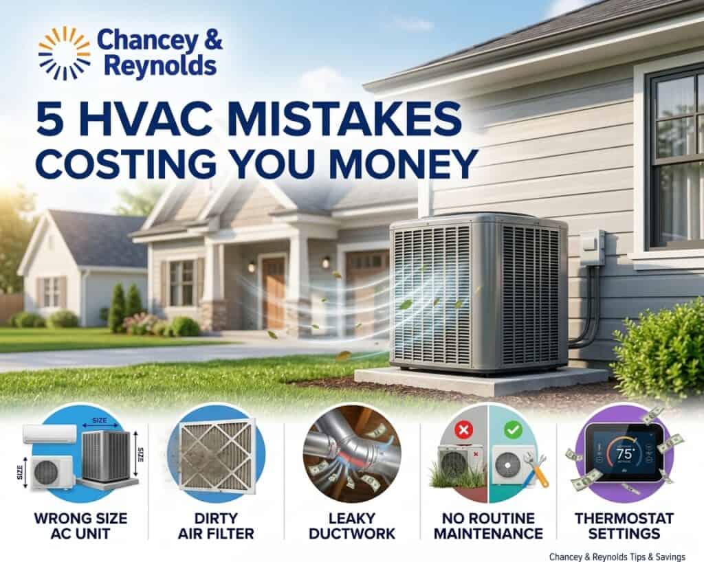 %Title% | Chancey &Amp; Reynolds An HVAC unit outside a suburban home with icons listing five costly HVAC mistakes: wrong size, dirty filter, leaky ductwork, no maintenance, and thermostat settings.