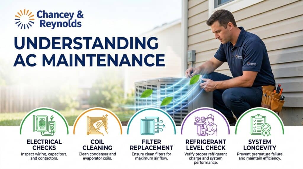 A technician inspects an outdoor AC unit; icons and text explain electrical checks, coil cleaning, filter replacement, refrigerant level check, and system longevity.