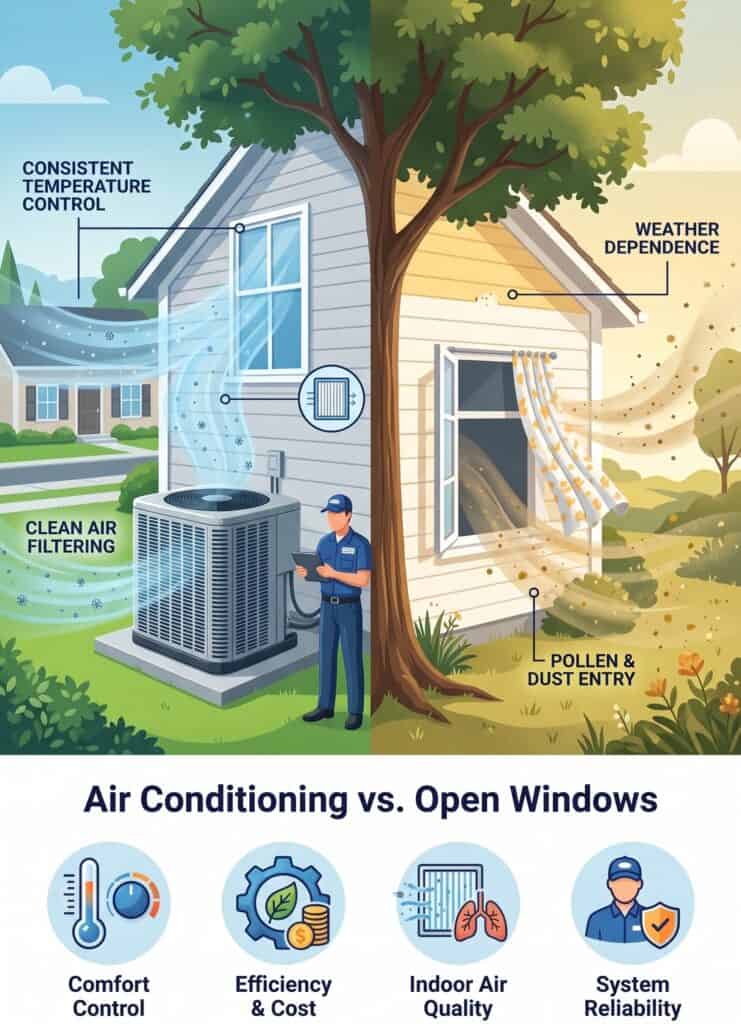 Split image compares air conditioning and open windows for home cooling, highlighting differences in temperature control, air quality, weather dependence, and pollen or dust entry.