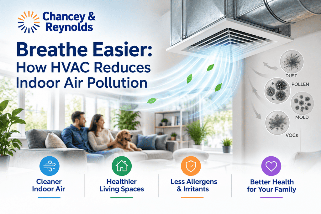 %Imagetitle% | Chancey &Amp; Reynolds A family sits on a couch under an HVAC vent; graphics show air flow removing dust, pollen, mold, and VOCs, with icons highlighting indoor air quality benefits.