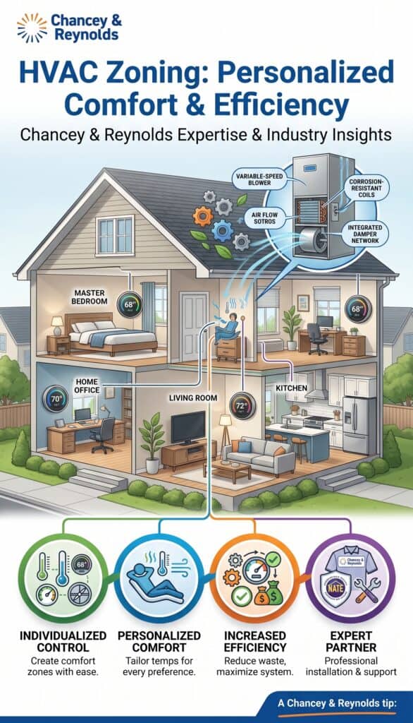 Cross-section illustration of a house showing HVAC zoning in different rooms with labeled benefits like comfort, efficiency, and control, plus four icons and descriptions for HVAC advantages at the bottom.