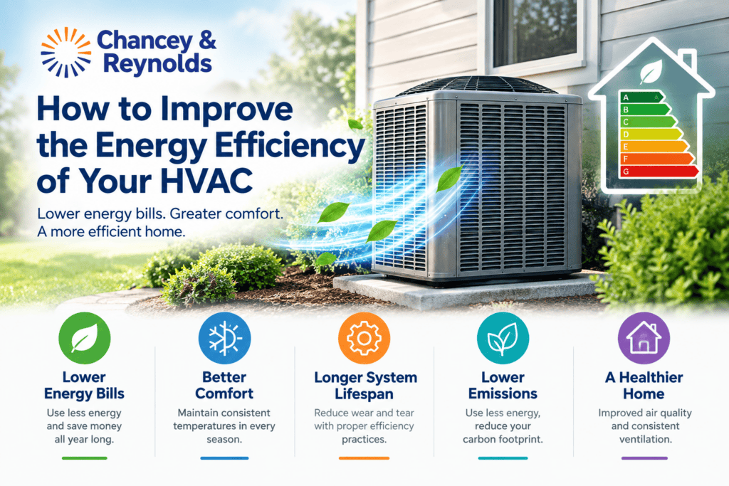Outdoor HVAC unit next to a home with icons and text promoting energy efficiency, lower bills, better comfort, longer lifespan, fewer emissions, and healthier air.