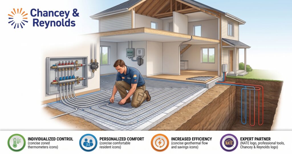 Technician installs radiant floor heating system in a house, with icons below highlighting control, comfort, efficiency, and expertise. Pipes and gauges are visible in a cutaway view.