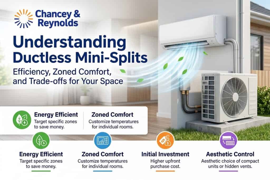 Infographic explaining ductless mini-splits with features: energy efficiency, zoned comfort, initial investment, and aesthetic control, shown with unit and outdoor condenser illustration.