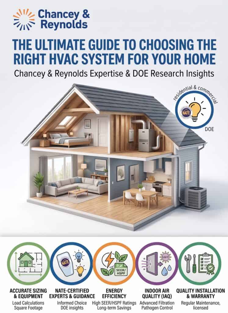 Cross-section of a house showing HVAC system components, with icons and text highlighting sizing, efficiency, air quality, and installation factors for selecting a home HVAC system.