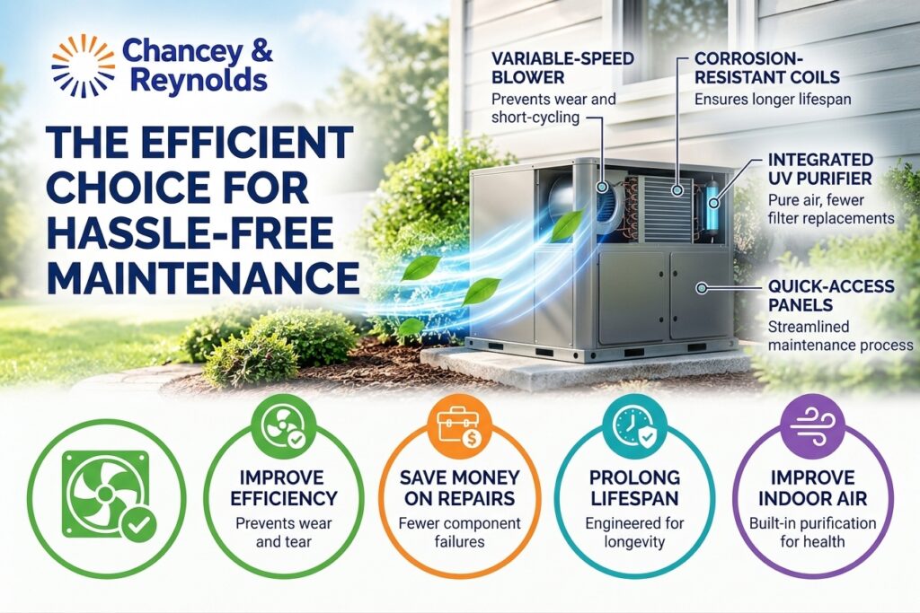 Outdoor HVAC unit with labeled features, including variable-speed blower, corrosion-resistant coils, and UV purifier; icons below list benefits like efficiency, repair savings, lifespan, and indoor air improvement.