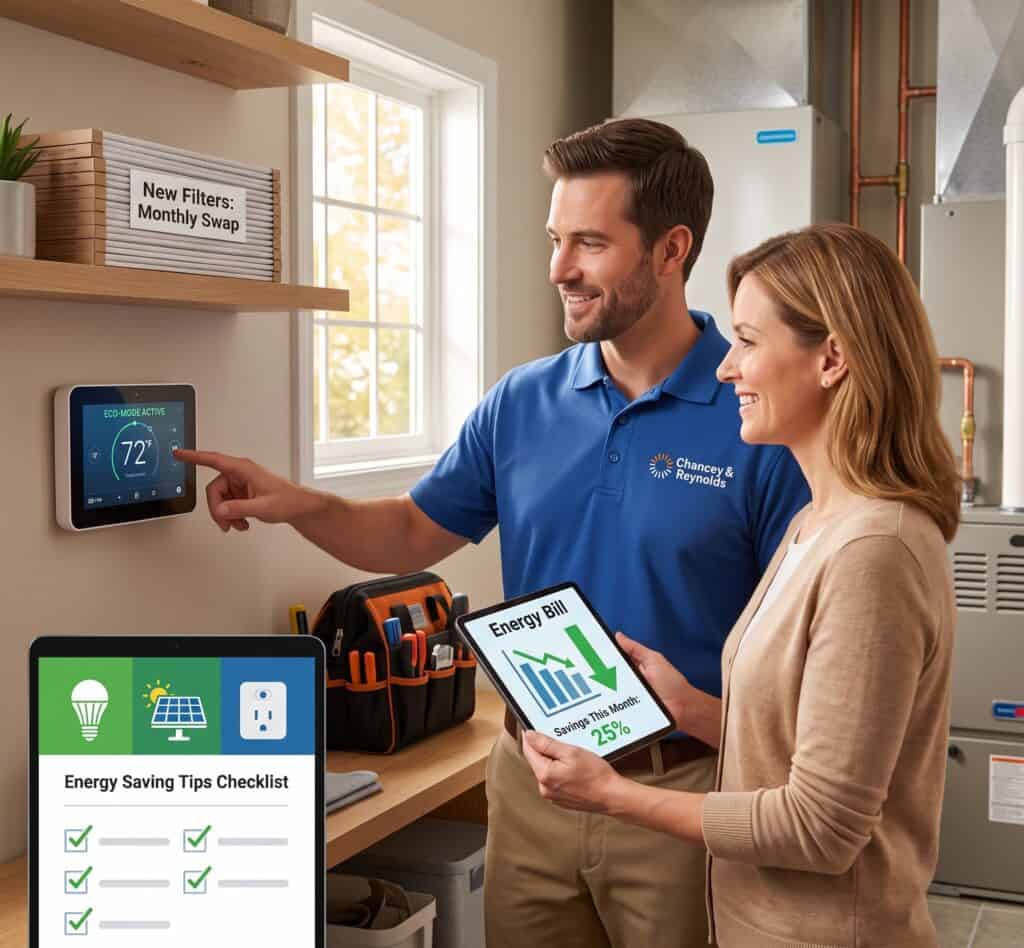 Two people adjust a smart thermostat in a utility room, discussing energy savings, with a checklist and energy bill showing a 25% reduction.