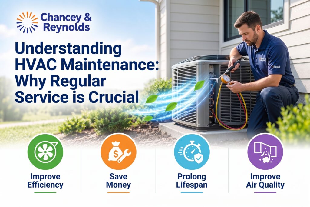 A technician inspects an outdoor HVAC unit. Four icons below highlight benefits: improve efficiency, save money, prolong lifespan, and improve air quality. Chancey & Reynolds branding shown.