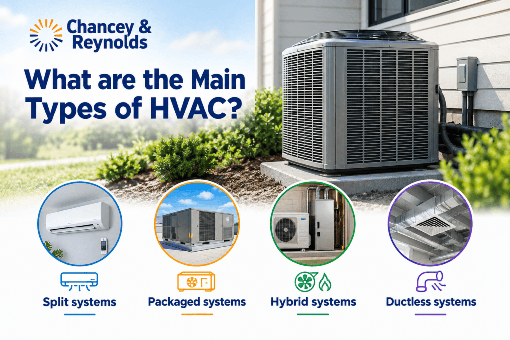 Four main HVAC types are shown: Split systems, packaged systems, hybrid systems, and ductless systems, each illustrated with an icon and photo.