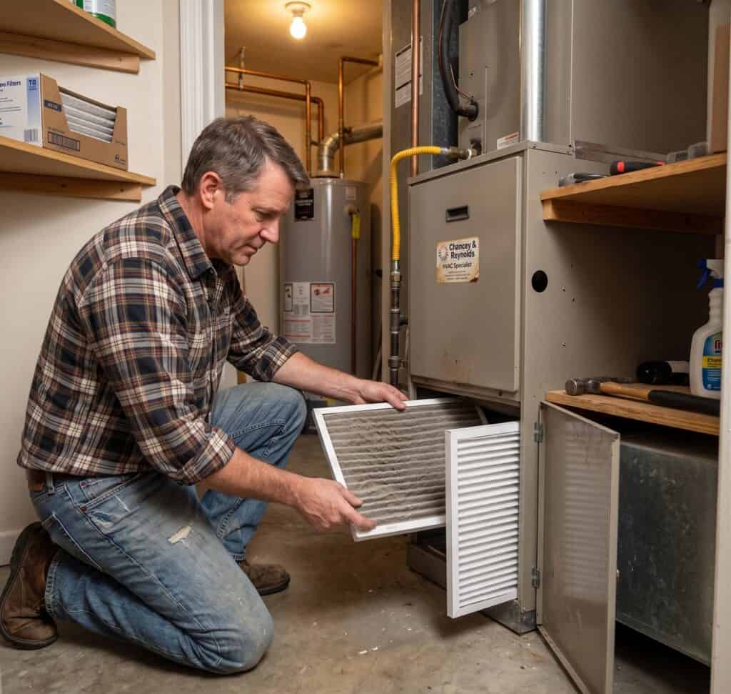 A man in a plaid shirt kneels in front of a furnace, removing a dirty air filter from an open panel in a utility room. common hvac problems Prepare Your AC for Summer