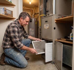 A man in a plaid shirt kneels in front of a furnace, removing a dirty air filter from an open panel in a utility room. common hvac problems Prepare Your AC for Summer