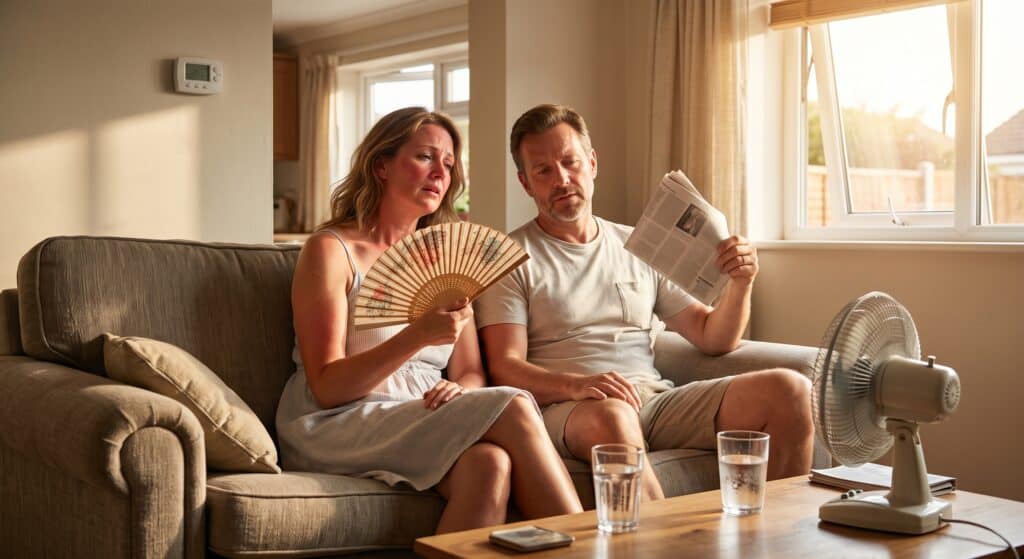 A woman and man sit on a couch fanning themselves and holding a newspaper, with a fan and two glasses of water nearby, suggesting they are hot.