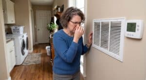 A woman in a blue sweater pinches her nose while standing by a wall vent, suggesting a bad smell in a laundry room area with a thermostat nearby.